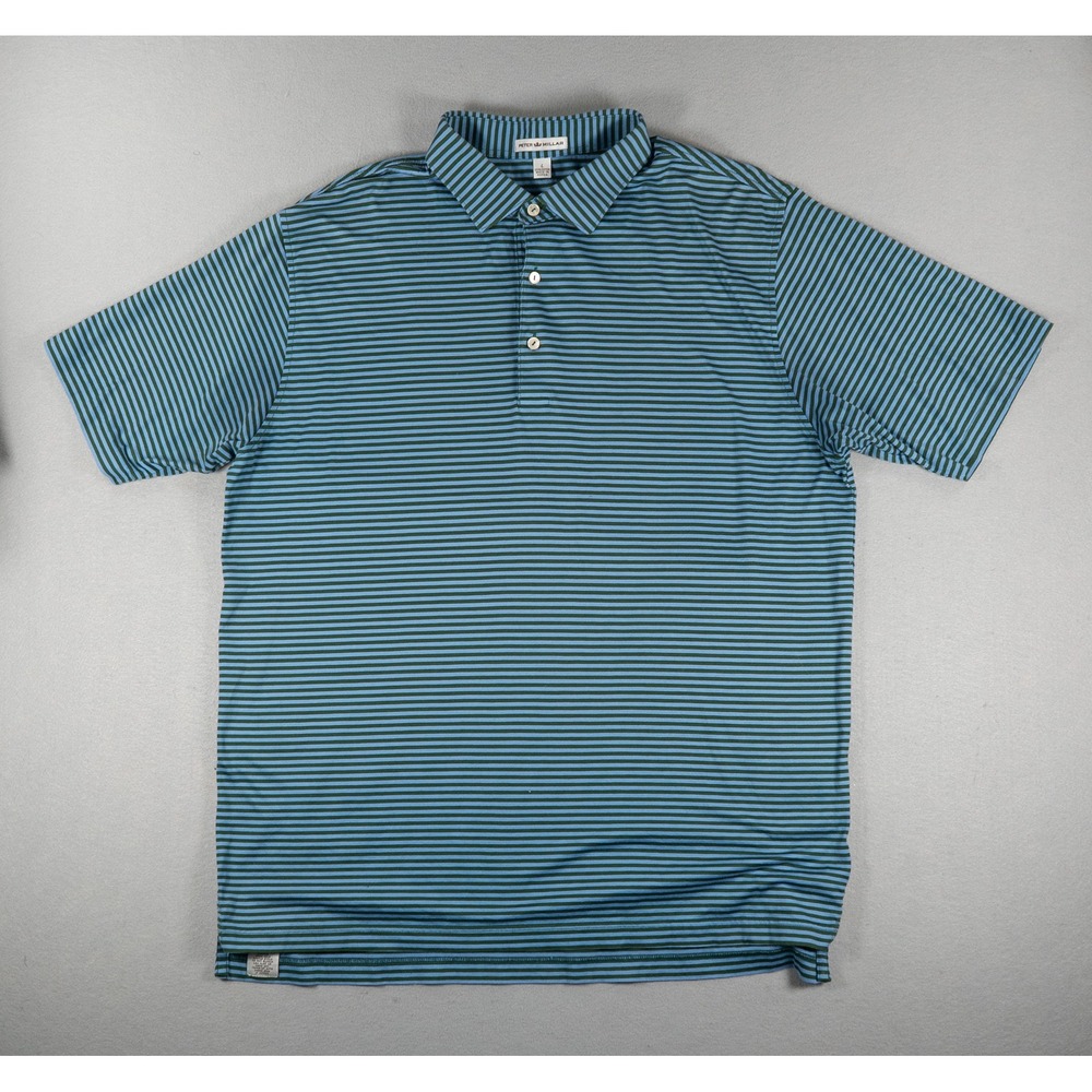 Peter Millar Polo Shirt 100% Cotton Striped Blue Green Large Short Sleeve